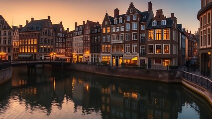 Historic European canal at dusk with golden reflections on the water.