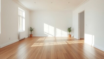 A minimalist living room featuring wooden floors and white walls bathed in natural light.