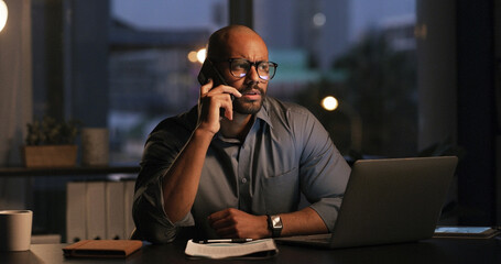 Night, employee and man in office, phone call and financial advice for contact, accountant and chat. Working late, consultant and person with mobile for networking, laptop and deadline in business