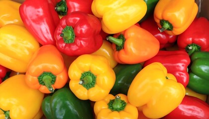 Close-up view of a colorful assortment of bell peppers in various shades of red, orange, yellow, and green.
