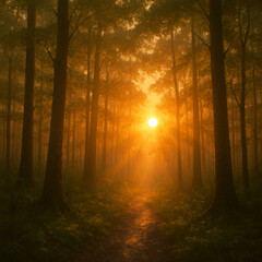 Obraz premium Sunlit Forest Path A Misty Sunrise Scene