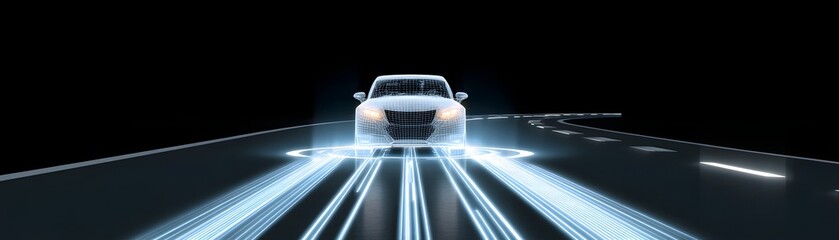 Futuristic transportation automation concept with self-driving car hologram and digital overlay, stock background
