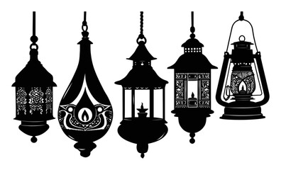 Obraz premium Hand Drawn Silhouettes of Traditional Lanterns and Decorative Lights