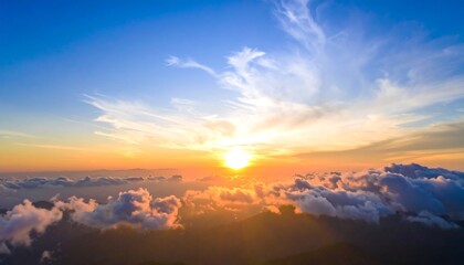 A breathtaking sunrise view over a landscape of clouds and mountains, showcasing the vibrant colors of the sky and the sun's golden glow.
