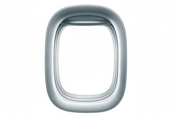 Shiny metallic airplane window frame with transparent background, perfect for travel and aviation-themed composites