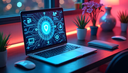 Cyber security concept featuring a laptop screen displaying a shield icon, signifying digital protection.