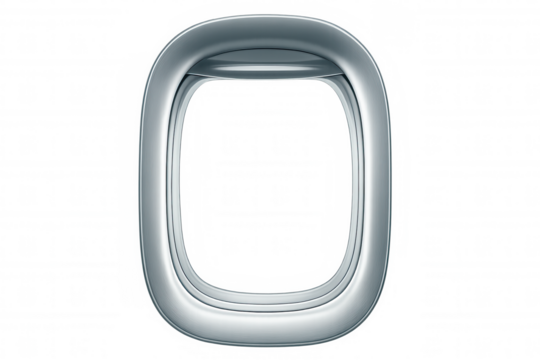 Shiny metallic airplane window frame with transparent background, perfect for travel and aviation-themed composites