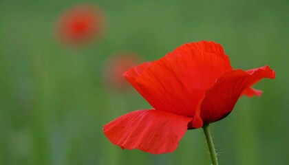 Fototapeta premium A vibrant red poppy flower stands out against a soft green background.