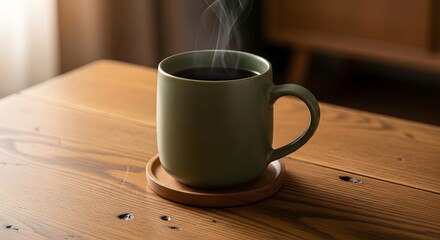 A Serene Morning Ritual: Hot Coffee on Wooden Table, Simplicity and Warmth: Enjoying Fresh Brew in Green Mug