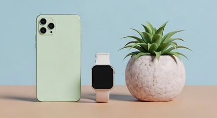 Modern smartphone and smartwatch next to a potted plant