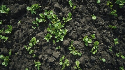 Young plants on dark soil form a textured pattern, new life sprouting upwards, symbolizing growth and the start of a new season