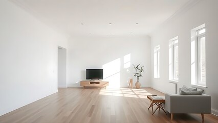 Fototapeta premium Minimalist living room with white walls and wooden floors, bathed in natural light.