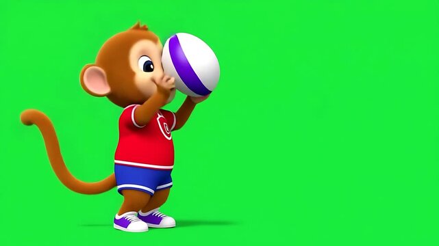 Adorable Cartoon Monkey Playing with Beach Ball on Green Screen