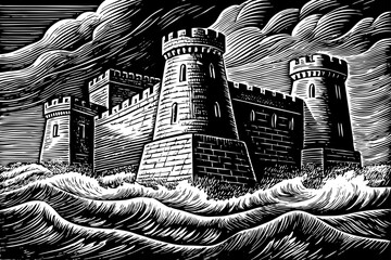 Fototapeta premium Historical island fortress with ancient walls, surrounded by sea waves, cultural landmark drawn in detailed black and white sketch