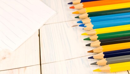 Obraz premium Colorful pencils arranged in a row on a light wooden surface with a sheet of lined paper nearby.
