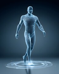 Humanoid AI silhouette surrounded by digital particle waves and glowing neural data flow, futuristic stock photo