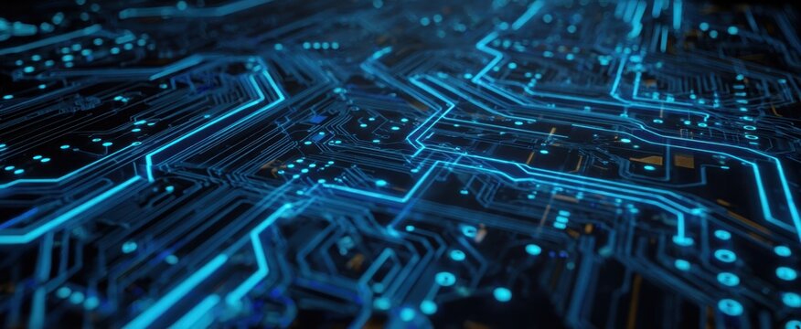 The Circuit Board With Glowing Blue Traces And Futuristic Electronic Network Closeup