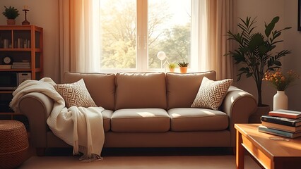 Fototapeta premium Comfortable sofa in a warm living room setting, bathed in soft afternoon light from a nearby window.
