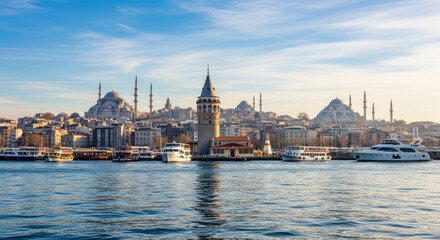 Obraz premium Istanbul Bosphorus Skyline View with Mosques and Buildings.