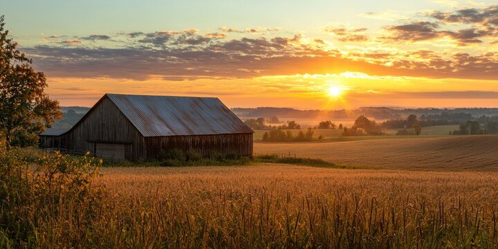 Rural barnyard and fields basking in warm sunrise hues Stock photo