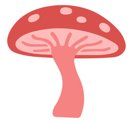 Red mushroom PNG with transparent background, playful flat style fungi illustration for fantasy stickers, woodland decor, kids crafts, and magical nature themes