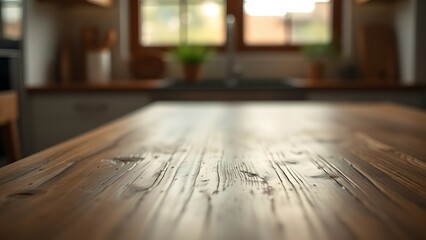 Close-up of a wooden table surface, highlighting natural wood grain with warm bokeh from soft kitchen light.