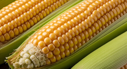 Close-up Macro View of Rows of Golden Corn Kernels on the Cob, Partially Covered by Green Husks, Highlighting Freshness, Harvest, and Healthy Eating

