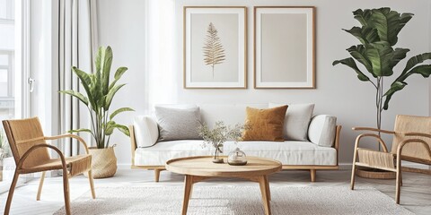 Scandinavian-style living room with white walls and modern furniture Stock photo