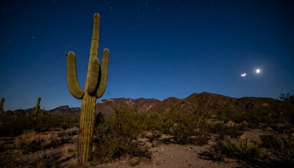 A magnificent saguaro cactus stands tall against a backdrop of starry desert mountains under a clear night sky with a crescent moon.