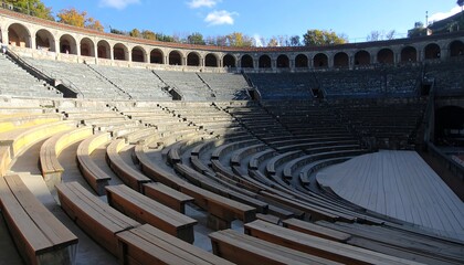 Empty amphitheater seating with arched corridor.