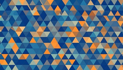 A vibrant design composed of numerous overlapping triangles in shades of blue, orange, and beige.