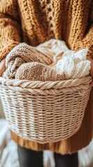 Obraz premium A person holding a laundry basket filled with neatly folded clothes, warm and inviting colors, clean and professional composition, copy space, natural color, minimalism, stock photography 