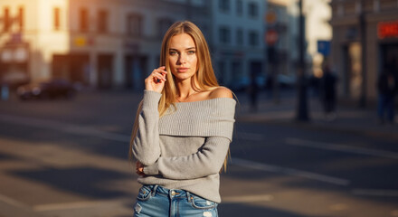 Fototapeta premium Blonde woman in beige off-shoulder ribbed sweater touching hair on urban street with golden sunlight. Casual knitwear and autumn fashion campaigns