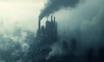Fototapeta premium Concept of carbon emissions, shown by smoke billowing from factory chimneys, sinking into smog. This visual emphasizes the environmental consequences of industrial pollution, Generative AI