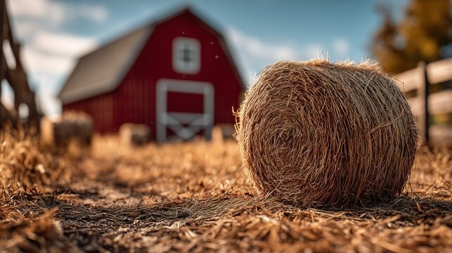 A close-up of a hay bale in a farm setting. A red barn is visible in the background, surrounded by dry grass and a clear blue sky. - Powered by Adobe