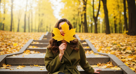 Woman in olive green coat holding yellow maple leaf on autumn steps. Fall seasonal portrait. Outerwear collection and autumn lifestyle marketing campaigns
