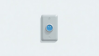 Close up of a white wall mounted light switch with a blue illuminated button