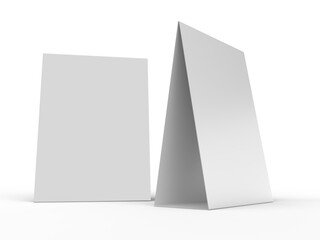 3D realistic mockup of a blank table sign tent card A4 format, isolated on white. Minimal display Ideal for menu, restaurant, cafe, event, promotion, branding, ads, and marketing design presentations