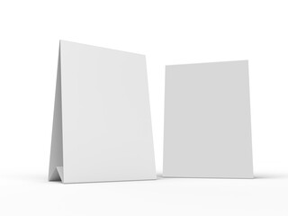 3D realistic mockup of a blank table sign tent card A4 format, isolated on white. Minimal display Ideal for menu, restaurant, cafe, event, promotion, branding, ads, and marketing design presentations
