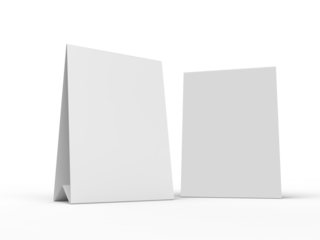 3D realistic mockup of a blank table sign tent card A4 format, isolated on white. Minimal display Ideal for menu, restaurant, cafe, event, promotion, branding, ads, and marketing design presentations