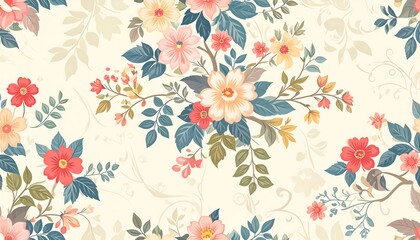 Floral pattern with blossoms on cream background.