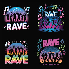 Dancing silhouettes with music notes and colorful backgrounds