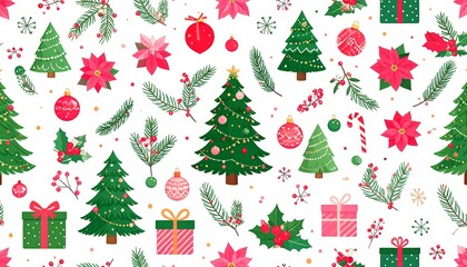 A festive, repeating pattern of Christmas trees, ornaments, gifts, holly, poinsettias, and other holiday decorations, displayed against a white background.