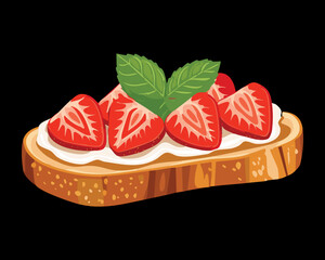 A Slice of Toast with Cream and Fresh Strawberries, a Simple and Delightful Dessert or Breakfast Treat - Vector Illustration