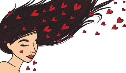Girl with flowing hair. Her eyes are closed. Hearts flying out of head, soul. Happy, enjoying, relaxing, pacified woman. Love in the air