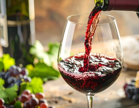 Pouring red wine into glass with grapes and bottle for tasting and celebration drink