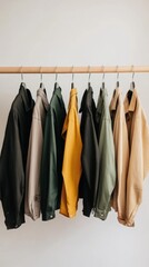 A row of neatly ironed shirts hanging on a clothes rack, clean and professional composition, copy space, natural color, minimalism, stock photography