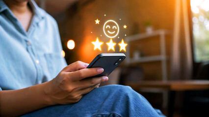 Satisfied customer giving glowing feedback with a five-star rating on a mobile device, capturing...