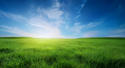 Obraz premium Fresh green grass field background with bright blue sky in spring