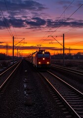 Obraz premium railway in the morning, Red locomotive pulling cargo train on railway tracks at sunset. Industrial landscape with power lines and dramatic cloudy sky shows modern transportation and energy production